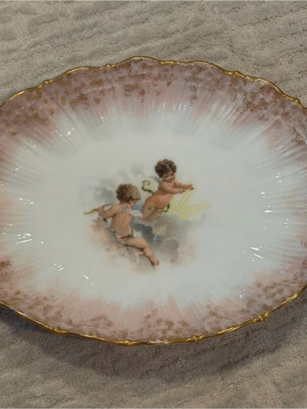 Antique 1894 Limogres Porcelain Dish - hand-painted cherubs and gold trim